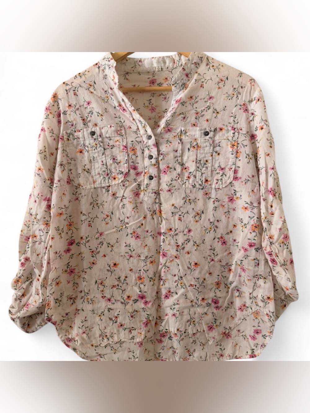 Floral Button-Front Blouse in Cream with Pink and Orange Blooms